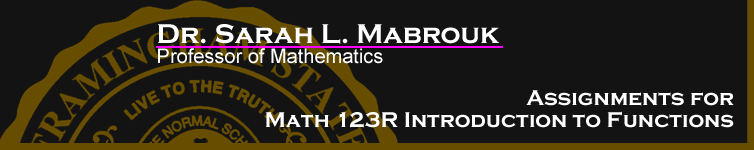 Sarah L. Mabrouk's Assignments for MATH 123 Introduction to Functions.  Please left-click to go to the home page.