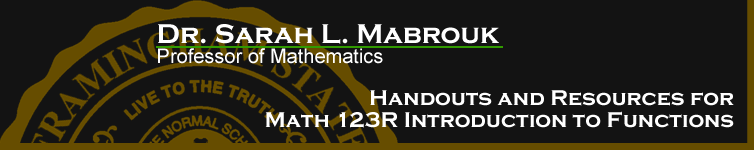 Sarah L. Mabrouk's Handouts and Resources for MATH 123 Introduction to Functions.  Please left-click to go to the home page.