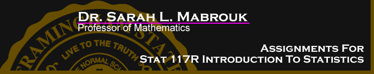 Sarah L. Mabrouk's Assignments for STAT 117R Introduction to Statistics.  Left-click to go to the home page for this website.