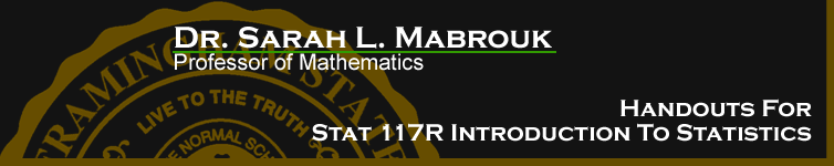 Sarah L. Mabrouk's Handouts and Data Files for STAT 117R Introduction to Statistics.  Left-click to go to the home page for this website.